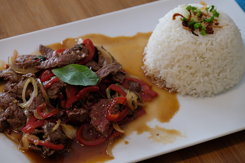 Stir-fried beef with chiles and thai basil